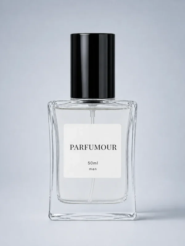 Parfumour Men's Perfume - 50ml Bottle Parfumour men's perfume in a 50ml clear glass bottle with a black cap on a soft blue background