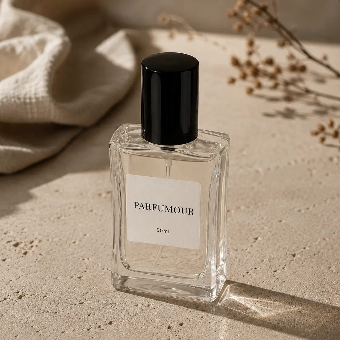 Parfumour perfume bottle styled on a stone surface with soft directional light