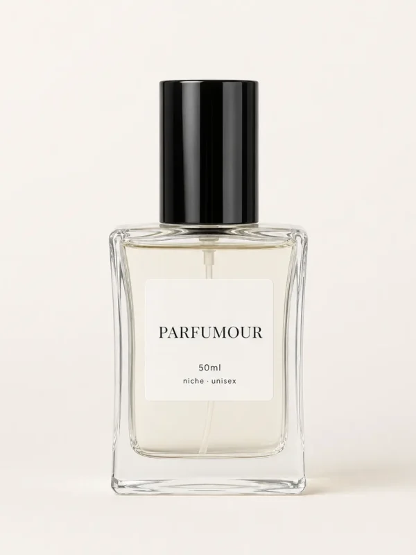 Parfumour Niche Unisex Perfume – 50ml Bottle Parfumour niche unisex perfume in a 50ml clear glass bottle with a black cap on a neutral background