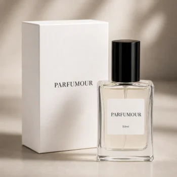Parfumour niche unisex perfume 50ml bottle next to its black packaging box on a neutral background