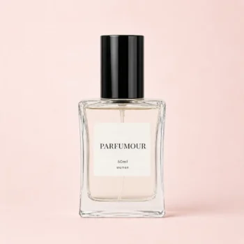 Parfumour Women's Perfume – 50ml Bottle Parfumour women's perfume in a 50ml clear glass bottle with a black cap on a soft blush-pink background