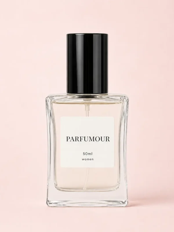 Parfumour Women's Perfume – 50ml Bottle Parfumour women's perfume in a 50ml clear glass bottle with a black cap on a soft blush-pink background